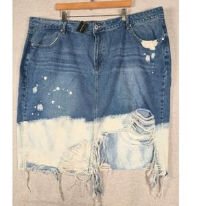 Ashley Stewart Womens Plus Size 28 Distressed Bleach Dip Dye Denim Skirt Blue